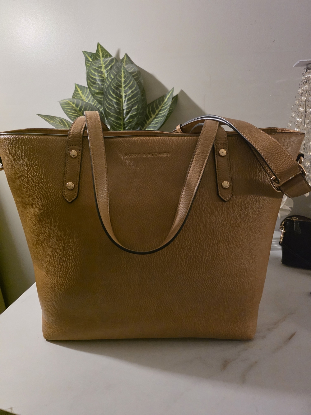Poppy & Peonies Tan Leather Tote with Adjustable Strap